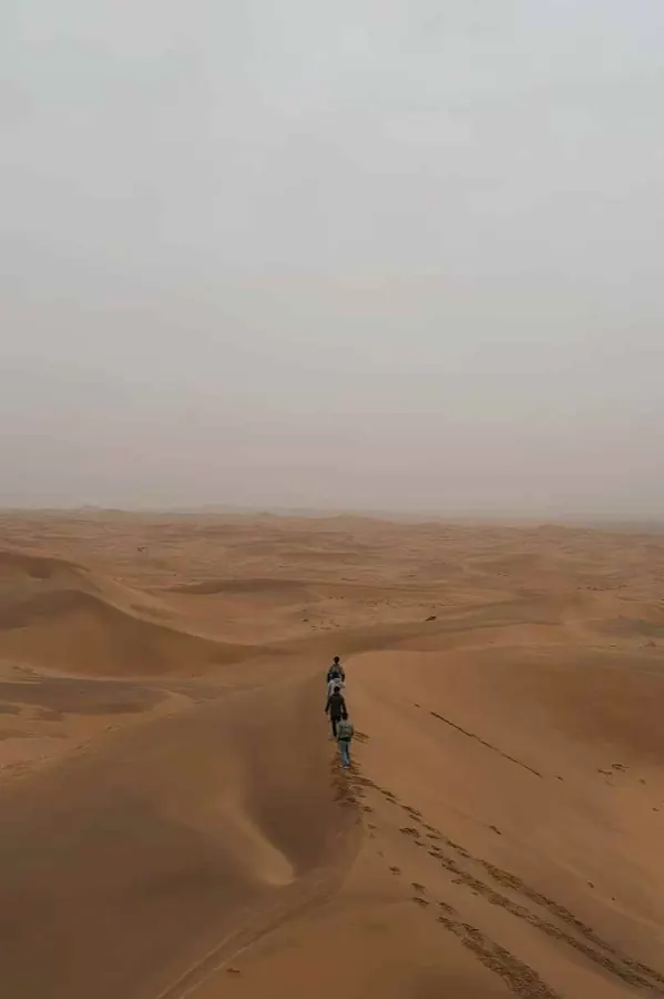 People walking in single file along a desert dune.