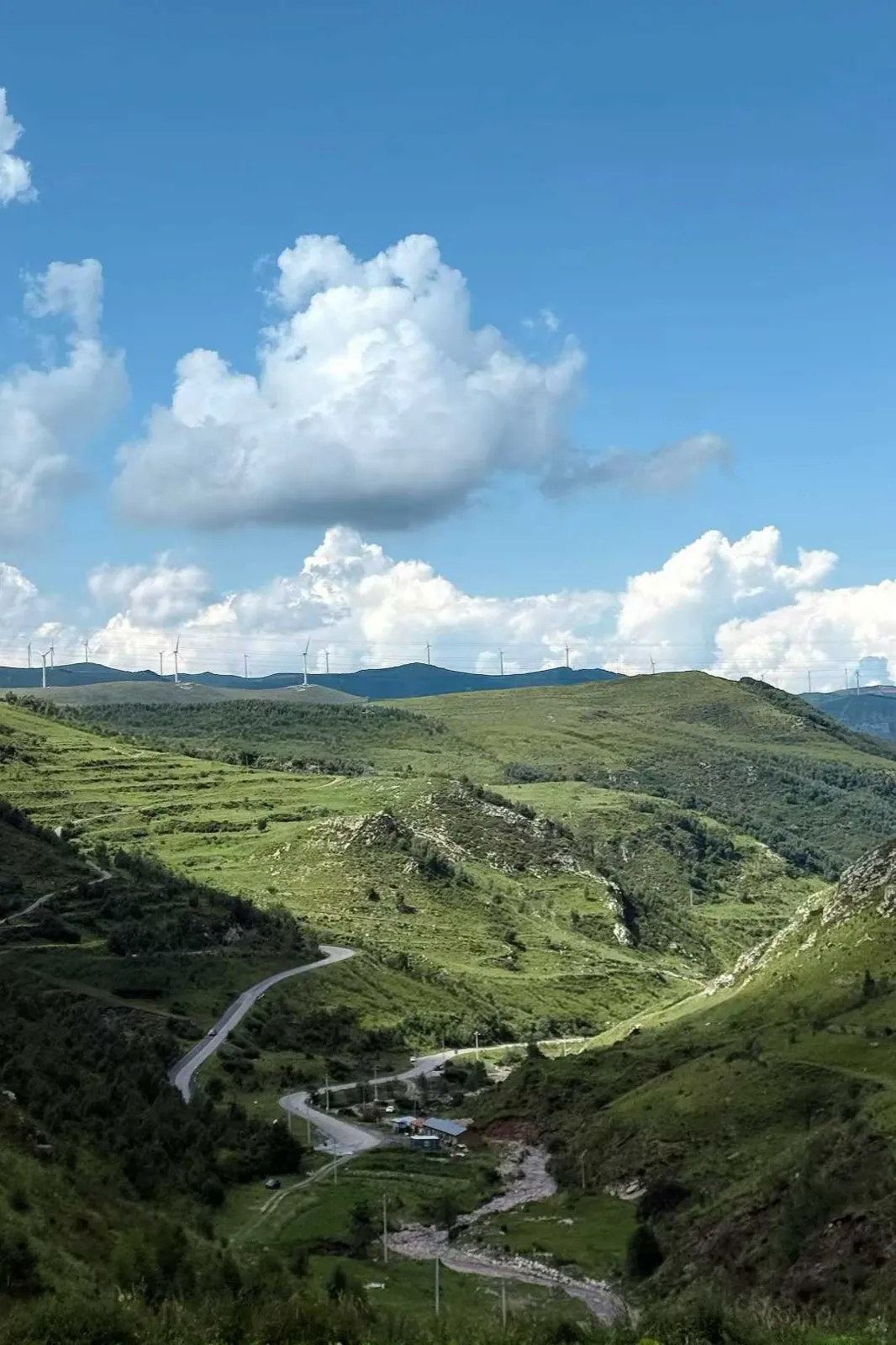 A green valley with a winding road under big summer clouds.