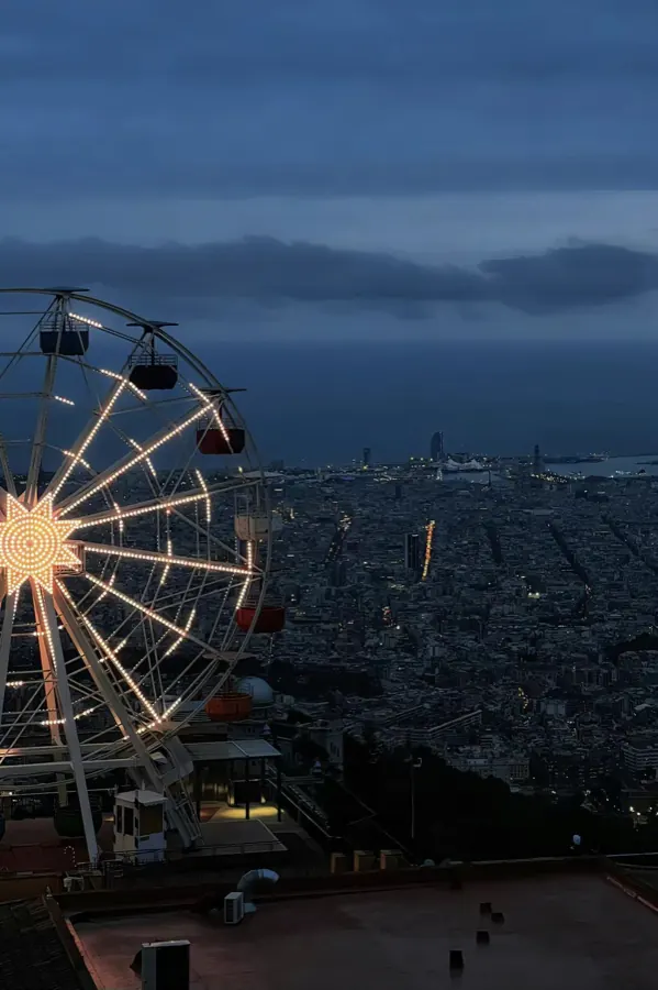 A Ferris wheel above a city at dusk.