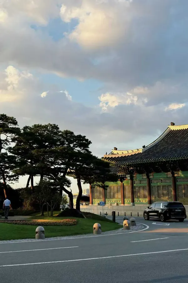 A palace roof among pines beside a road.