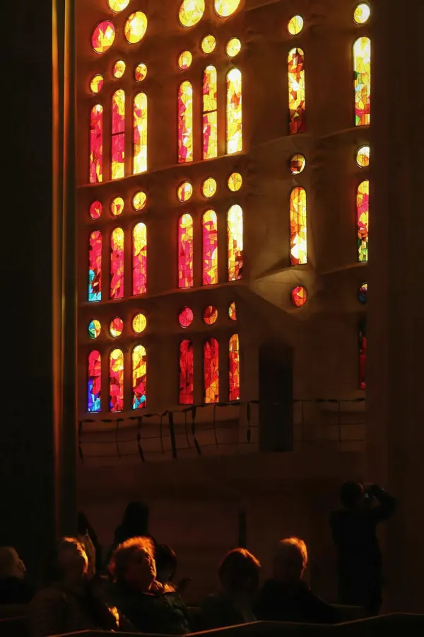 Stained glass burning red and orange.