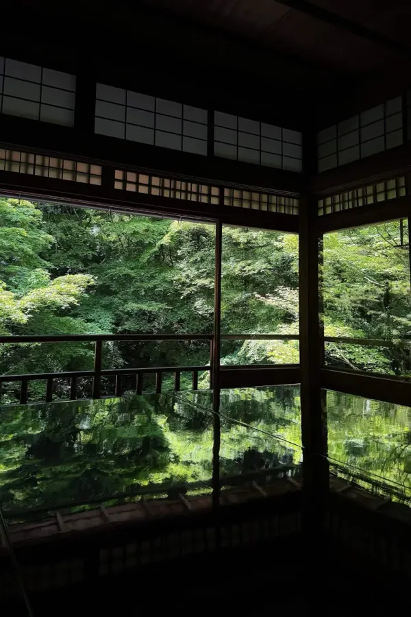 A dark temple room framing a garden of green maples, reflected in the floor.