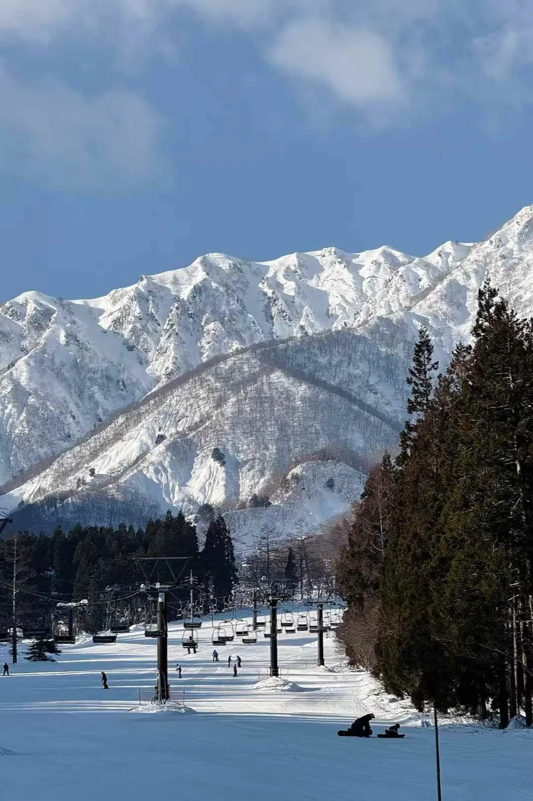 Jagged snow-covered peaks above a busy run.