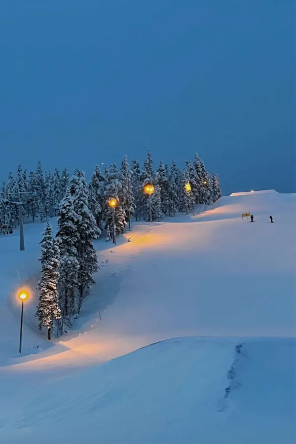 A slope lined with lamps at blue hour.