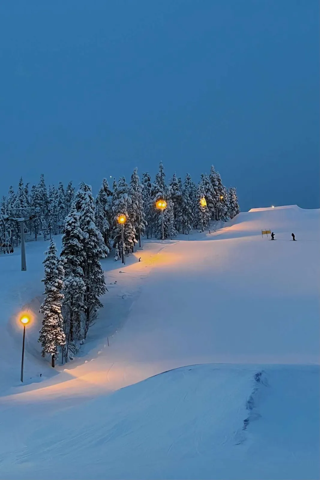A slope lined with lamps at blue hour.
