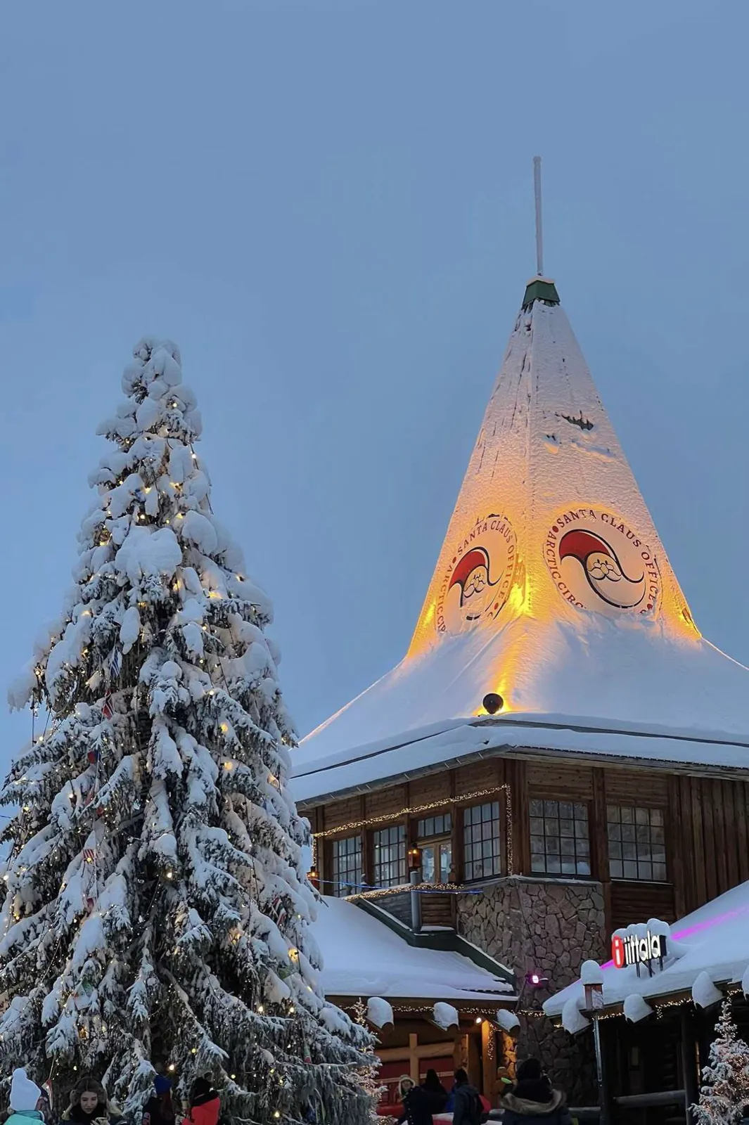 A snow-covered tree and a lit wooden house.